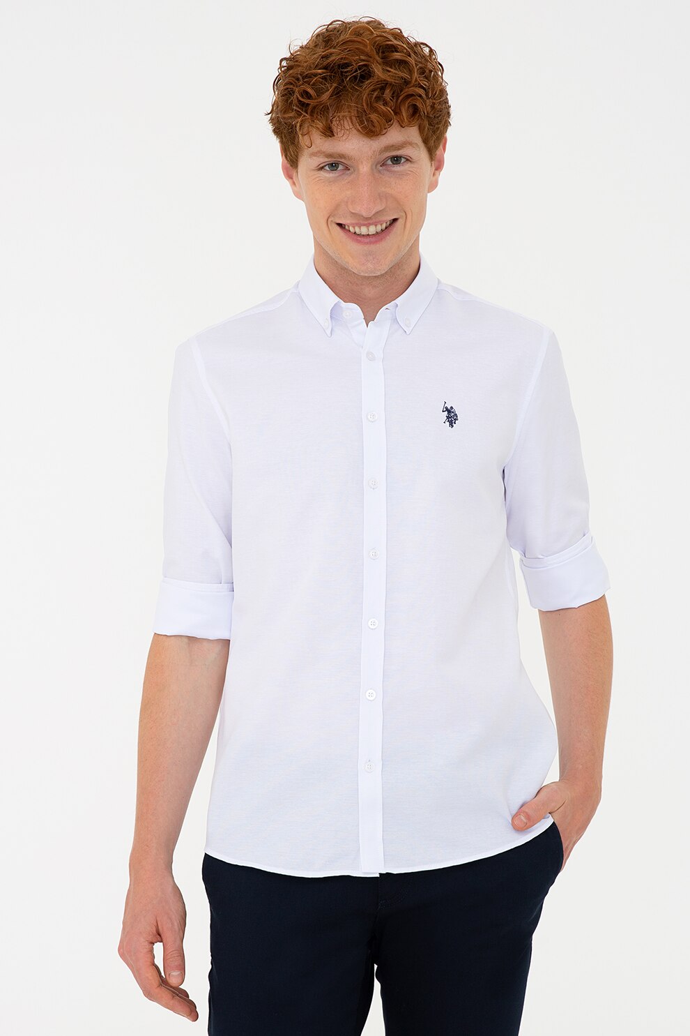 U.S. Polo Assn., Camasa slim fit cu guler fixat cu nasturi, Alb