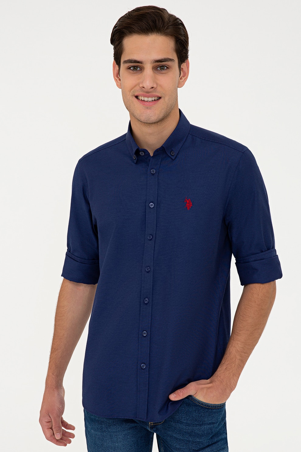 U.S. Polo Assn., Camasa slim fit cu guler fixat cu nasturi, Bleumarin