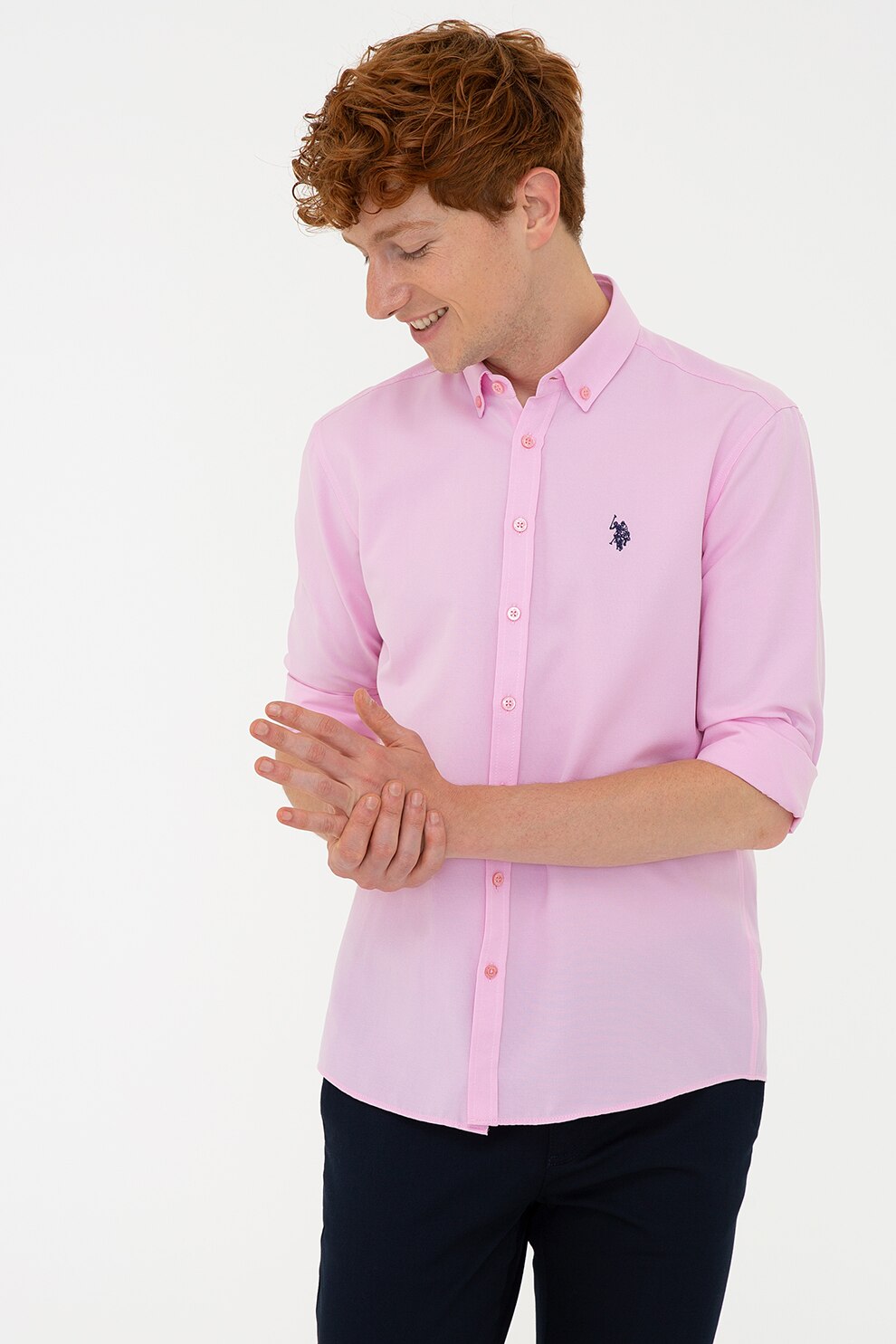U.S. Polo Assn., Camasa slim fit cu guler fixat cu nasturi, Roz pal