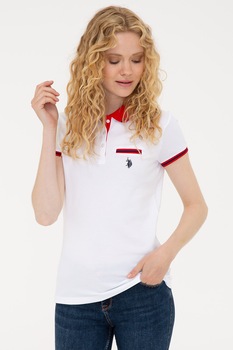 U.S. Polo Assn., Tricou polo slim fit din pique, Alb/Rosu U.S. Polo Assn., Tricou polo slim fit din pique, Alb/Rosu