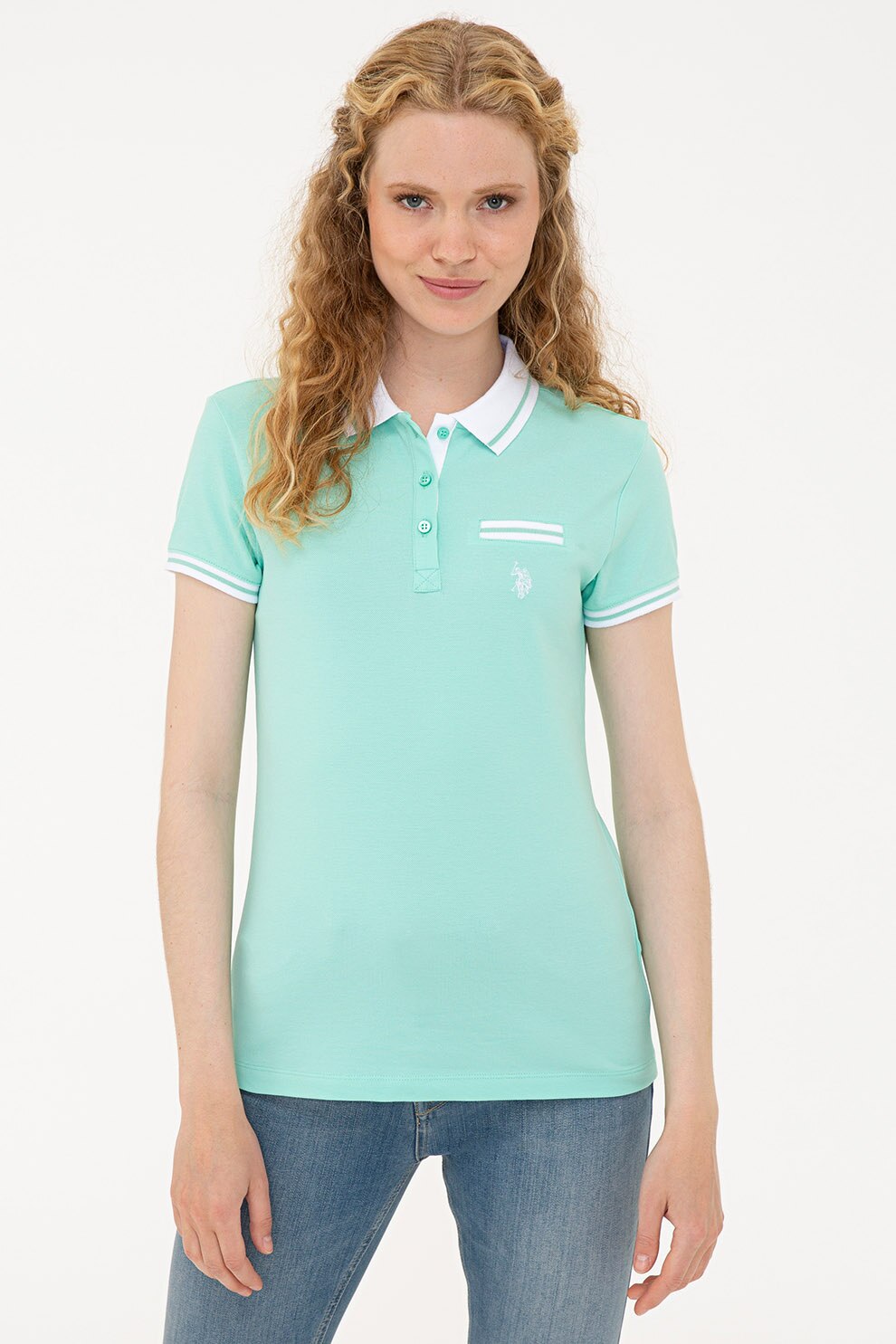 U.S. Polo Assn., Tricou polo slim fit din pique, Albastru aqua