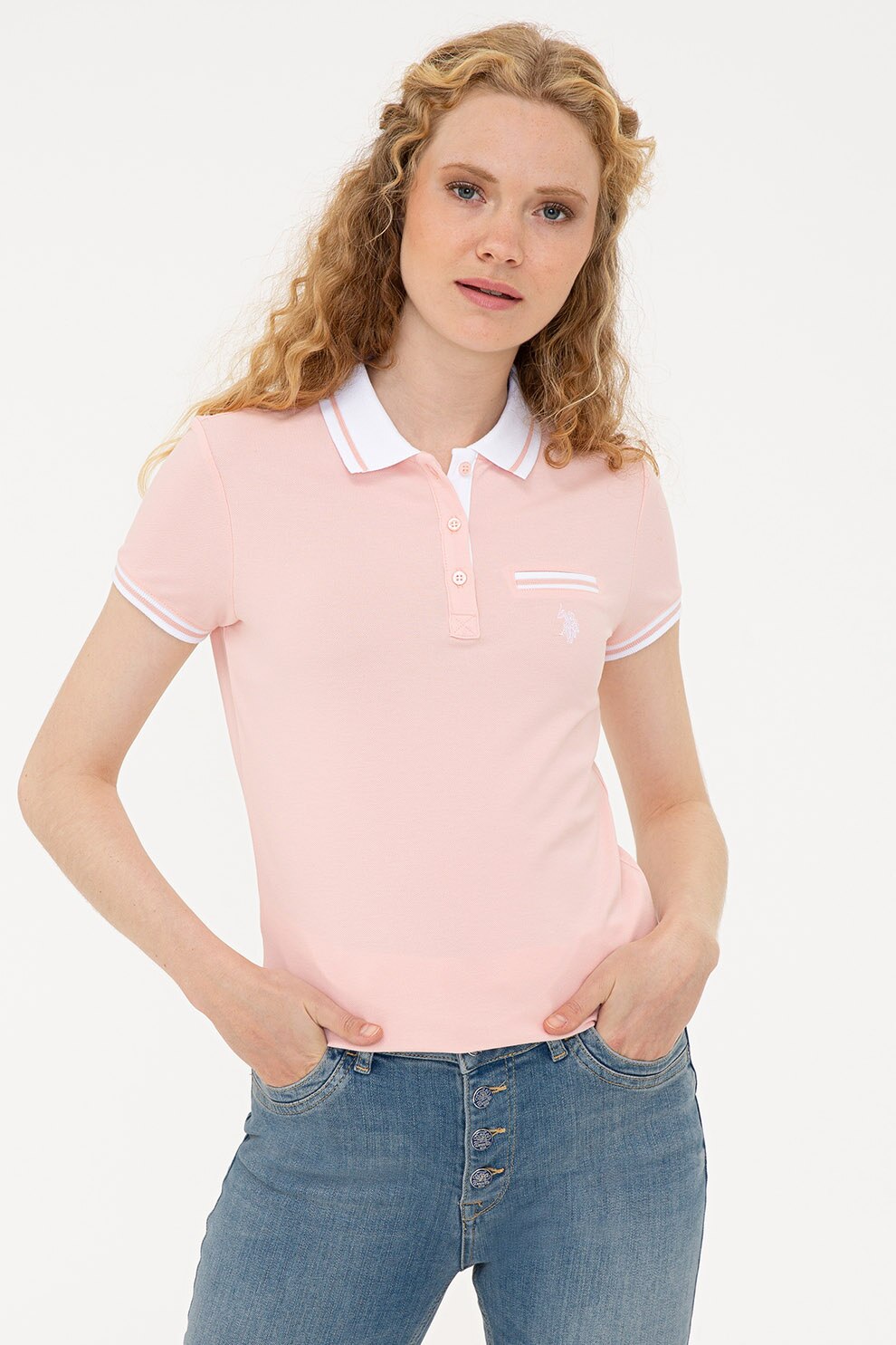 U.S. Polo Assn., Tricou polo slim fit din pique, Roz
