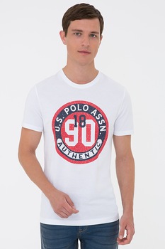 U.S. Polo Assn., Tricou de bumbac cu imprimeu logo, Alb/Rosu/Bleumarin