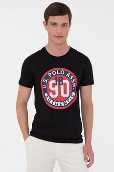 U.S. Polo Assn., Tricou de bumbac cu imprimeu logo, Negru/Roz