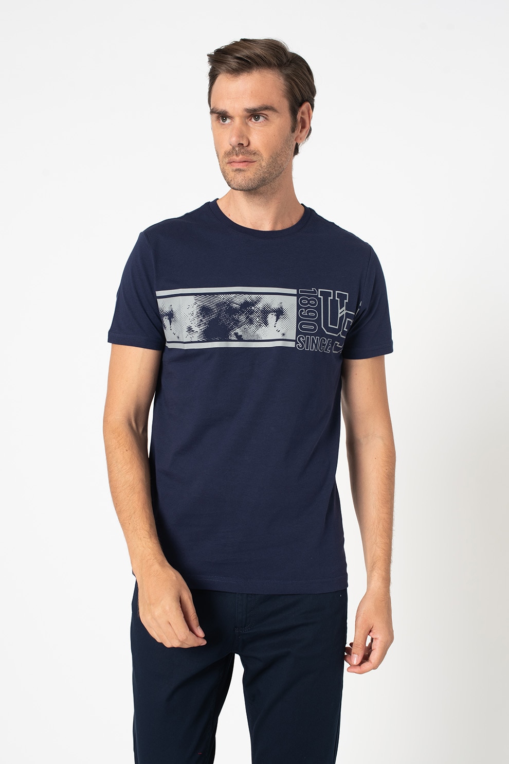 U.S. Polo Assn., Tricou slim fit cu imprimeu, Albastru inchis/Gri