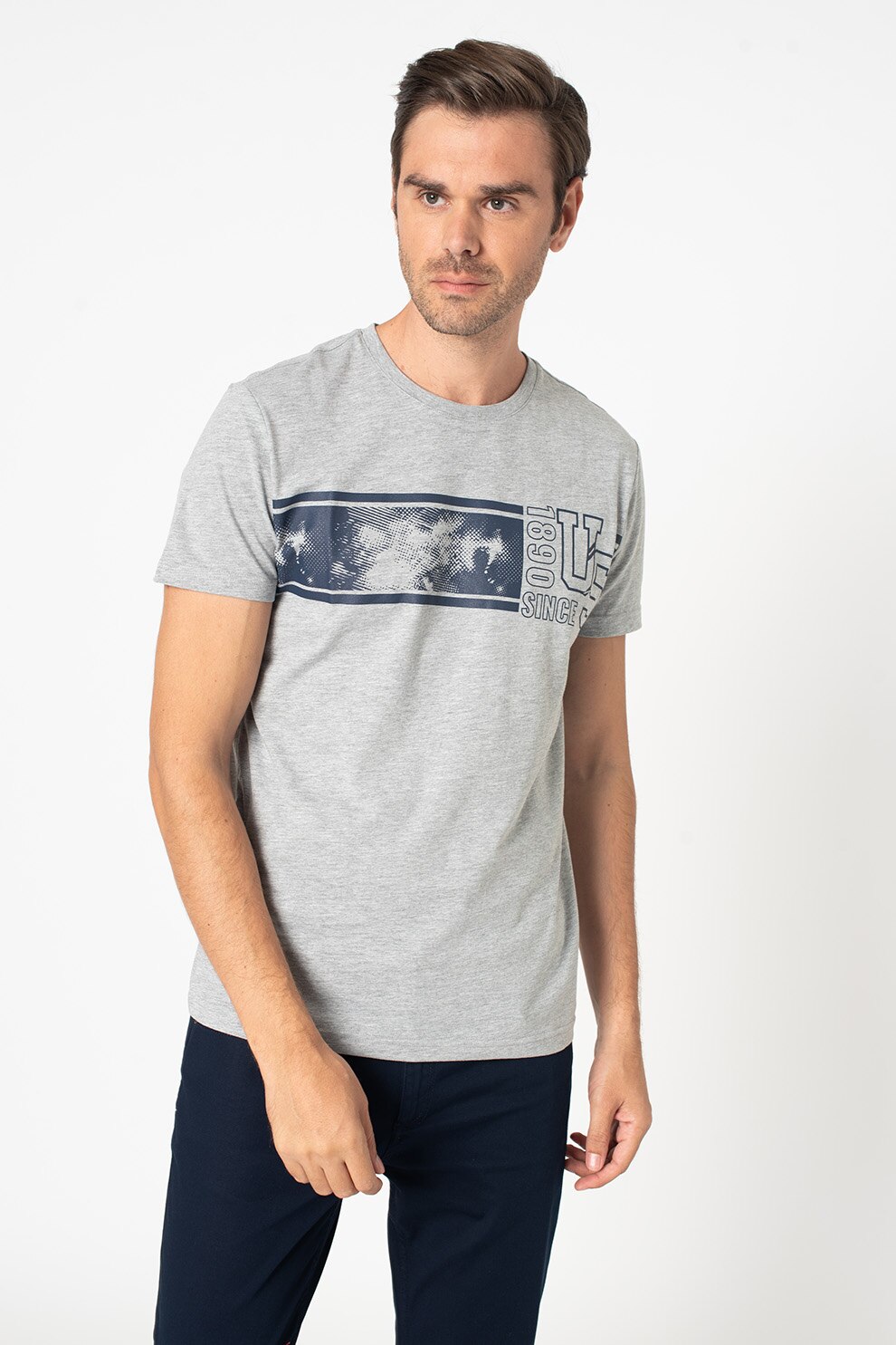 U.S. Polo Assn., Tricou slim fit cu imprimeu, Gri melange