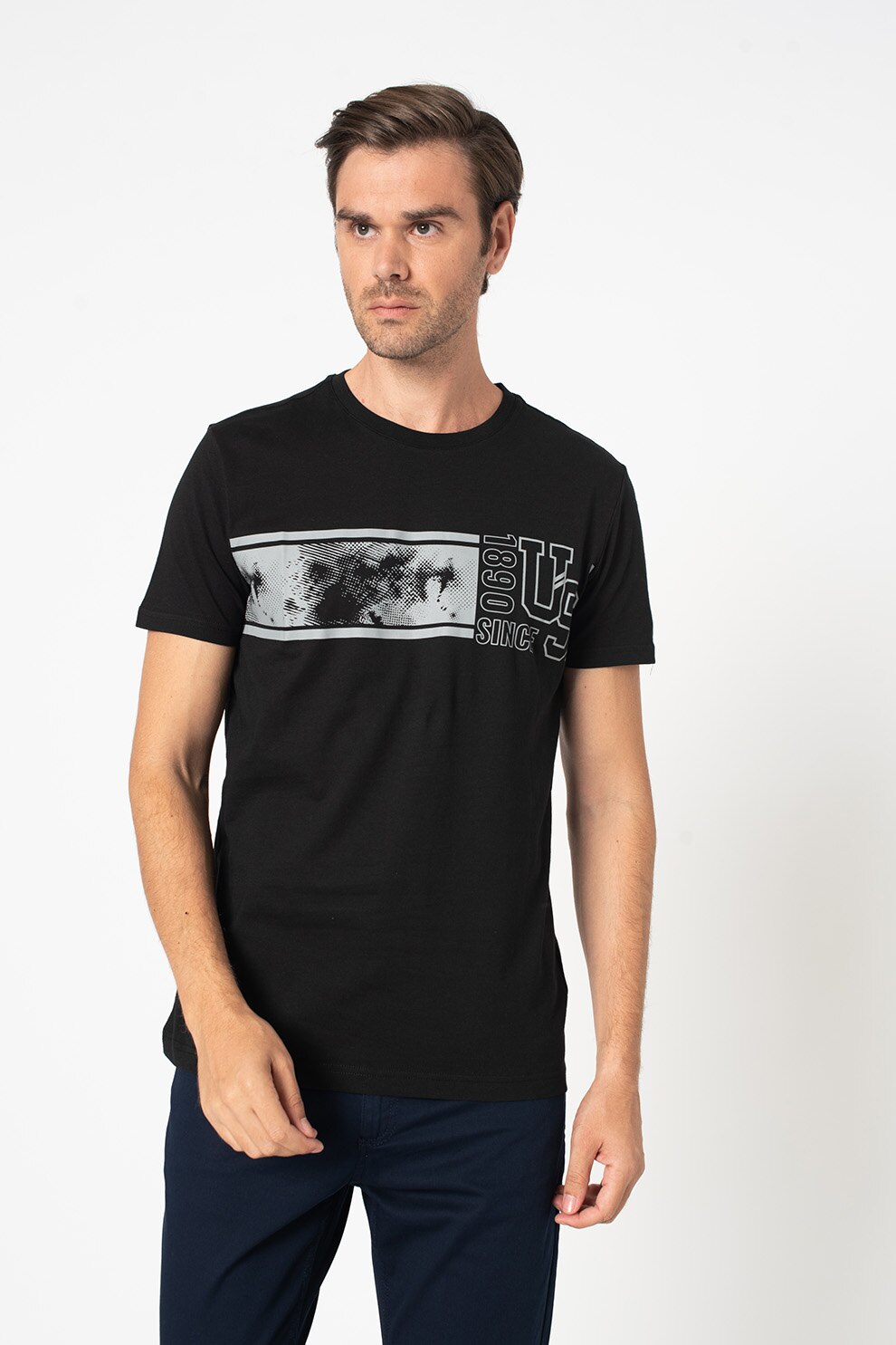 U.S. Polo Assn., Tricou slim fit cu imprimeu, Negru/Gri