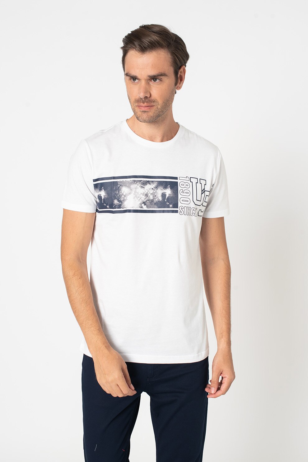 U.S. Polo Assn., Tricou slim fit cu imprimeu, Alb/Bleumarin