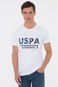 U.S. Polo Assn., Tricou cu decolteu la baza gatului si imprimeu logo, Alb/Bleumarin U.S. Polo Assn., Tricou cu decolteu la baza gatului si imprimeu logo, Alb/Bleumarin