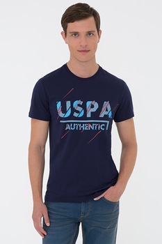 U.S. Polo Assn., Tricou cu decolteu la baza gatului si imprimeu logo, Bleumarin U.S. Polo Assn., Tricou cu decolteu la baza gatului si imprimeu logo, Bleumarin