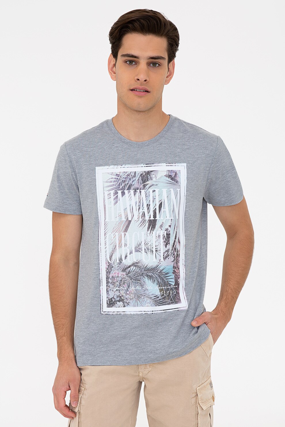 U.S. Polo Assn., Tricou de bumbac cu imprimeu, Gri melange