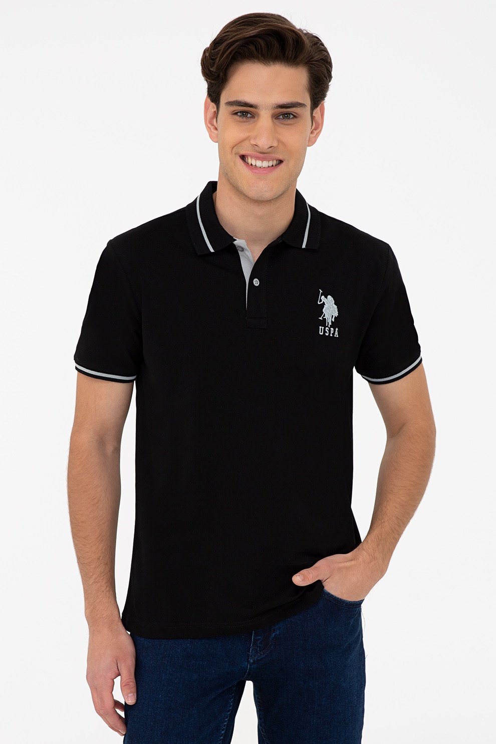 U.S. Polo Assn., Tricou polo cu logo brodat, Negru