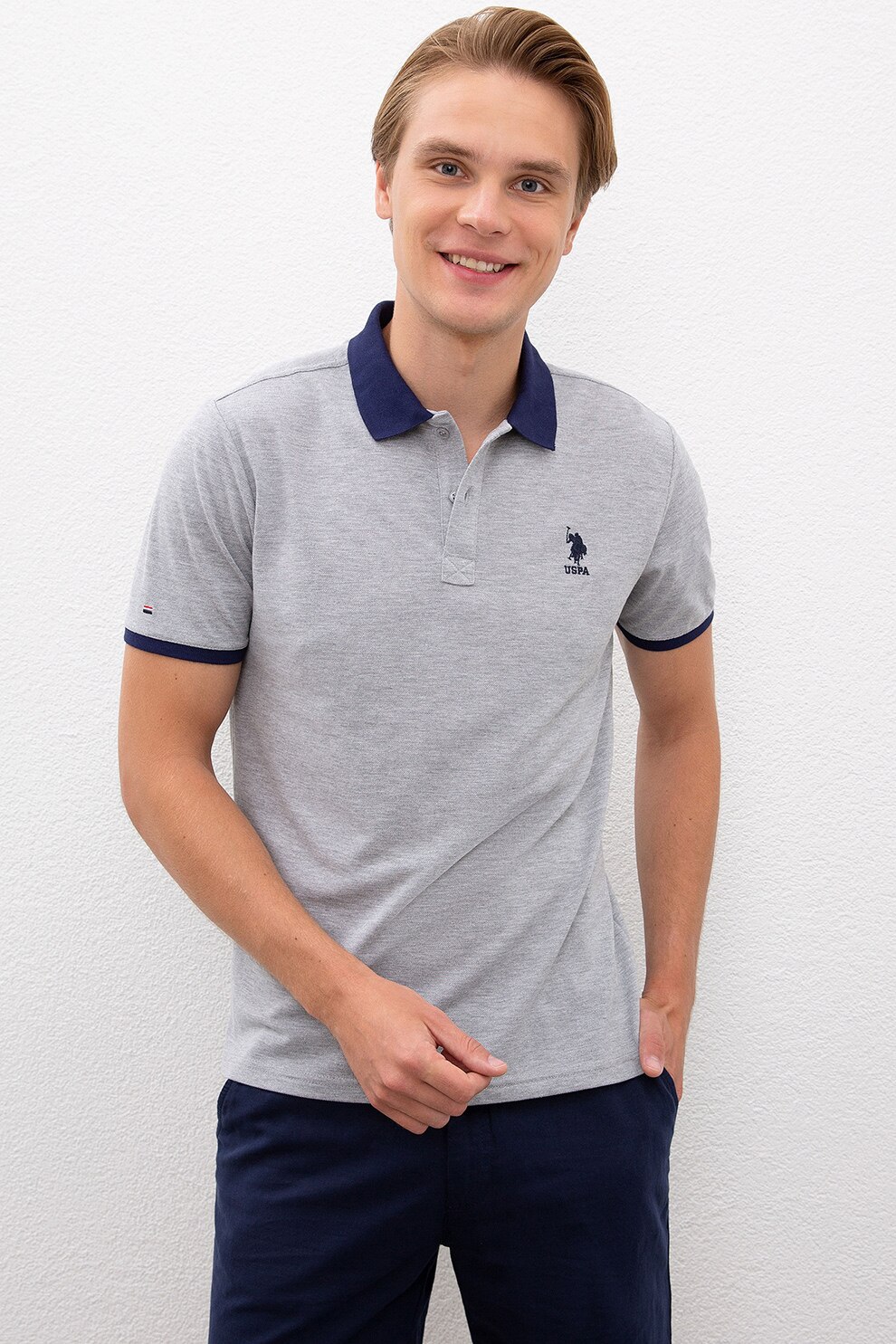 U.S. Polo Assn., Tricou polo din pique cu logo brodat, Gri melange/Bleumarin