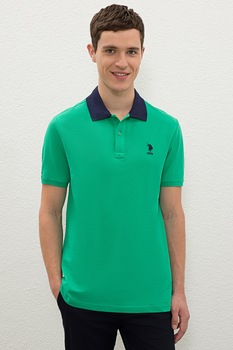 U.S. Polo Assn., Tricou polo din pique cu logo brodat, Verde/Bleumarin U.S. Polo Assn., Tricou polo din pique cu logo brodat, Verde/Bleumarin