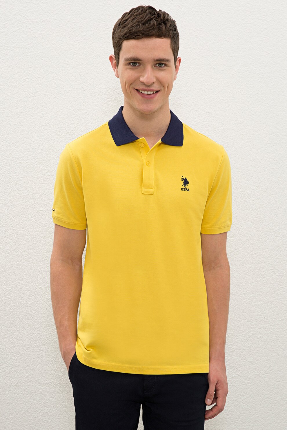 U.S. Polo Assn., Tricou polo din pique cu logo brodat, Galben/Bleumarin