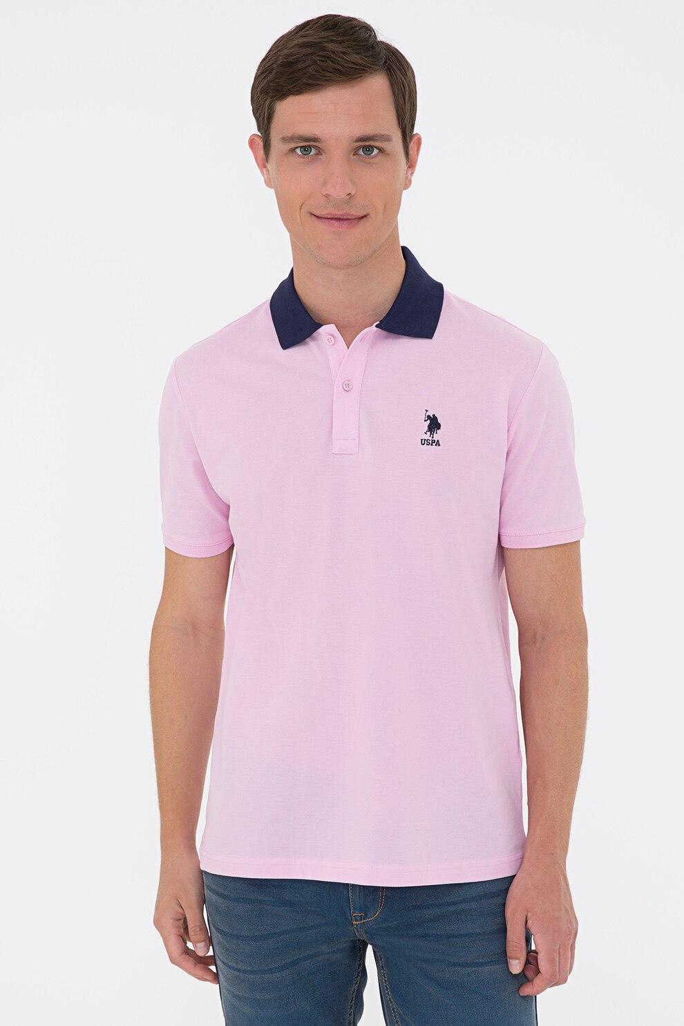 U.S. Polo Assn., Tricou polo din pique cu logo brodat, Roz pal/Bleumarin