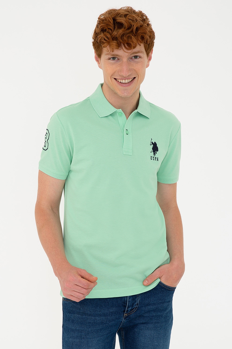 U.S. Polo Assn., Tricou polo din bumbac cu logo brodat pe piept, Verde menta, M