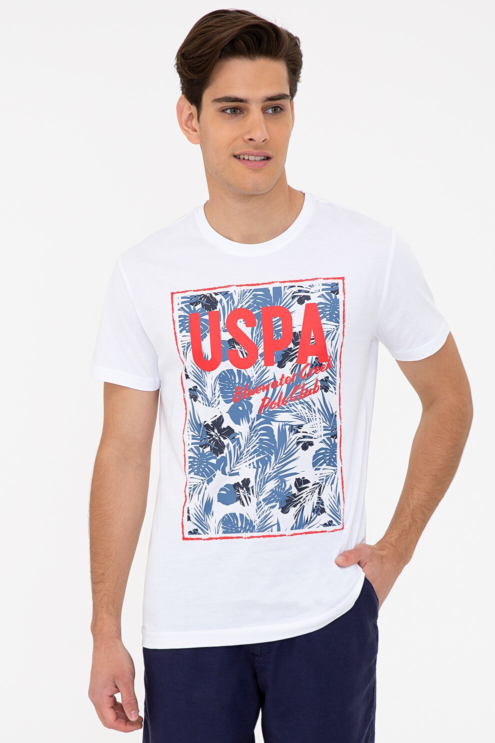 U.S. Polo Assn., Tricou de bumbac cu imprimeu, Alb/Albastru/Rosu