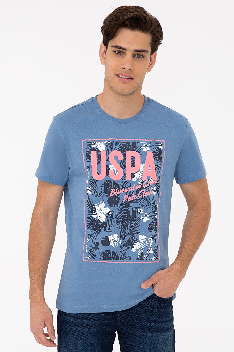 U.S. Polo Assn., Tricou de bumbac cu imprimeu, Albastru