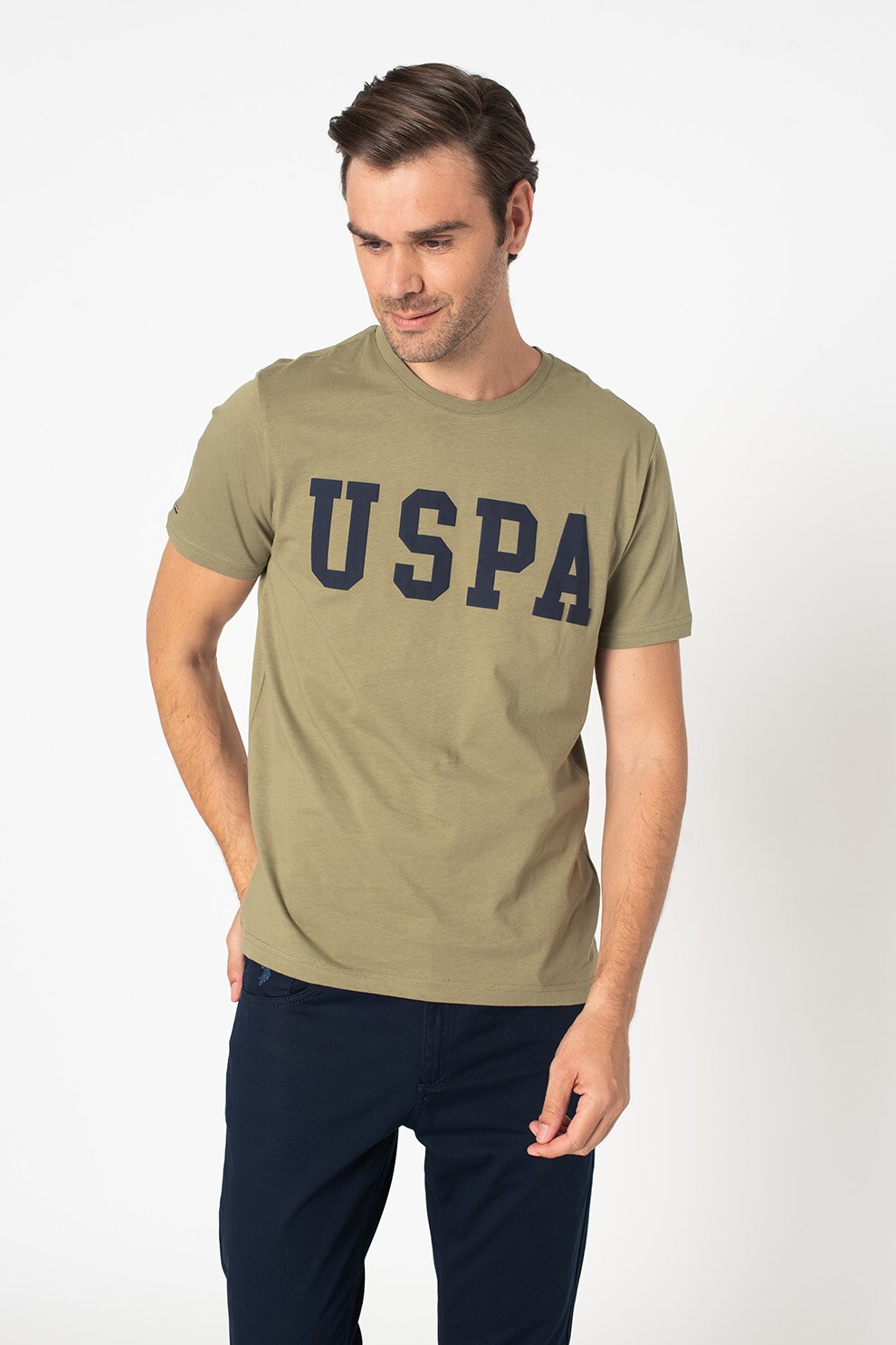 U.S. Polo Assn., Tricou regular fit cu imprimeu logo, Verde sparanghel/Bleumarin