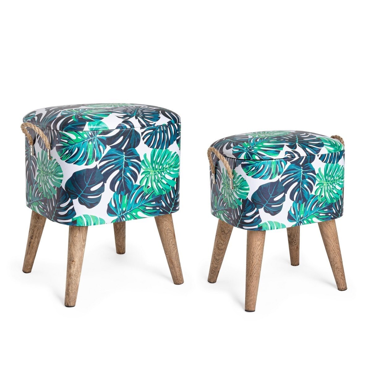 Set 2 tabureti tapiterie piele ecologica cu picioare natur Forestis 34 cm x 28.5 cm x 42 h, 37.5 cm x 34.5 cm x 47 h