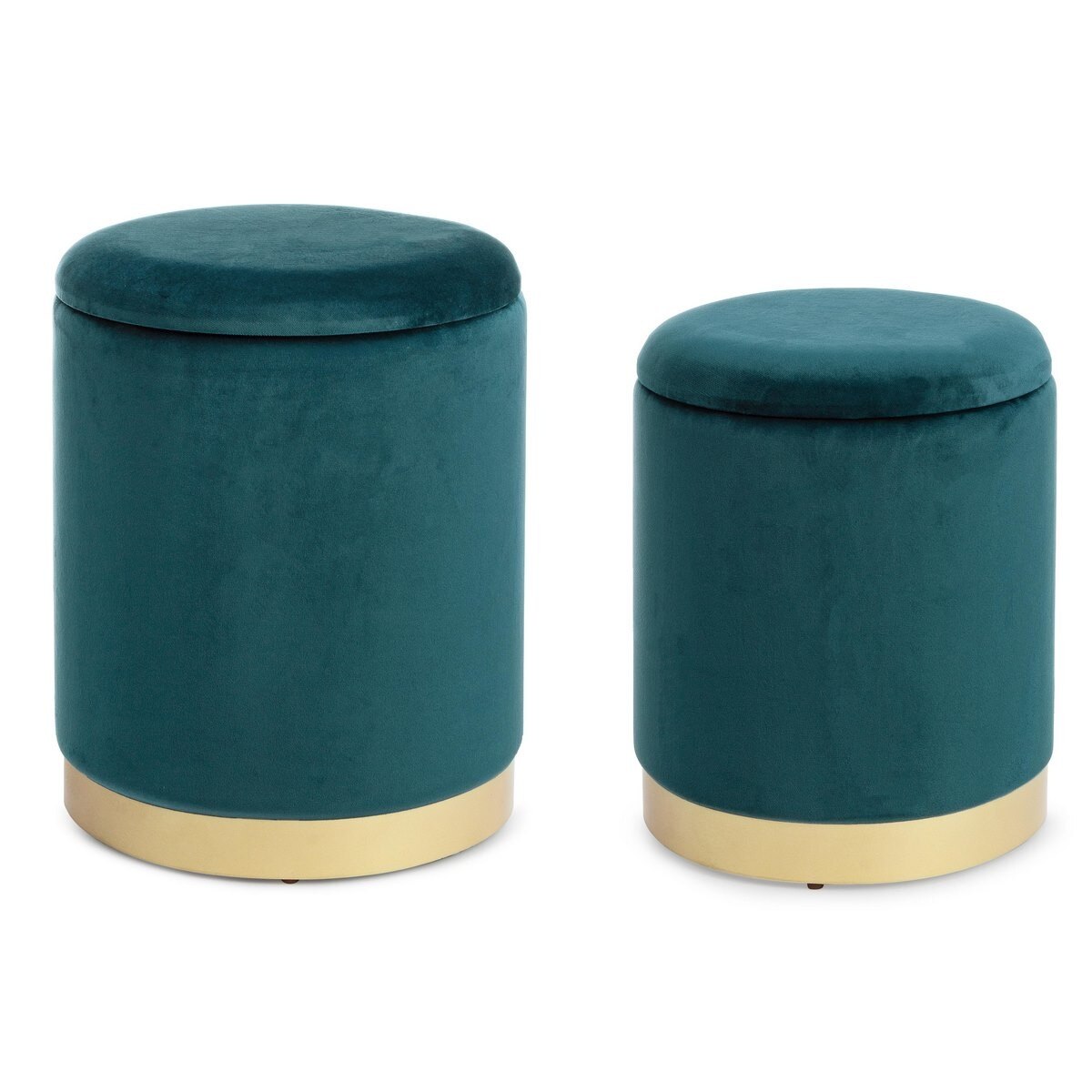 Set 2 tabureti catifea verde baza metal auriu cu spatiu depozitare Polina Ø 31.5 cm x 38 h; Ø 36 cm x 45 h