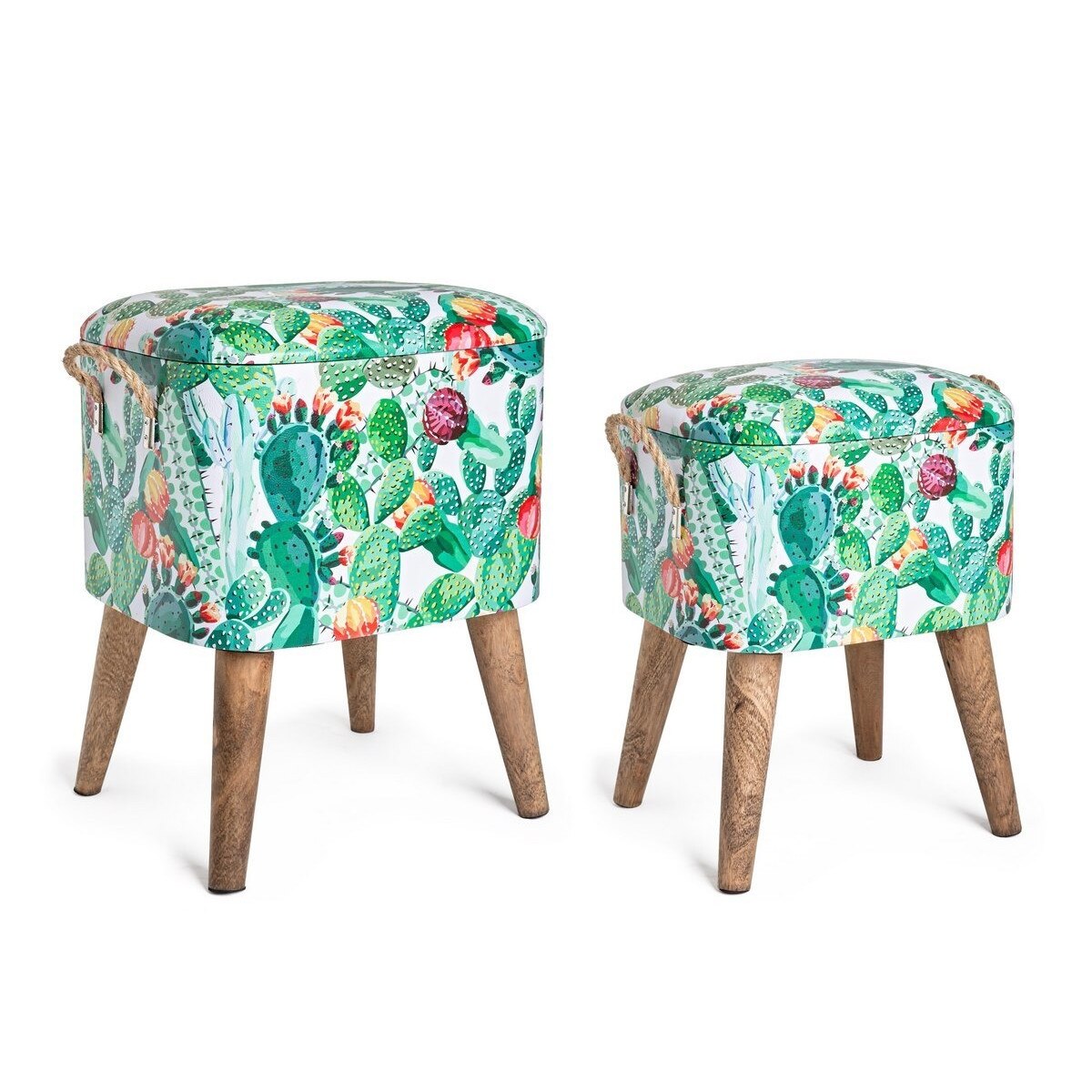 Set 2 tabureti piele ecologica cu picioare lemn natur Forestis 34 cm x 28.5 cm x 42 h, 37.5 cm x 34.5 cm x 47 h