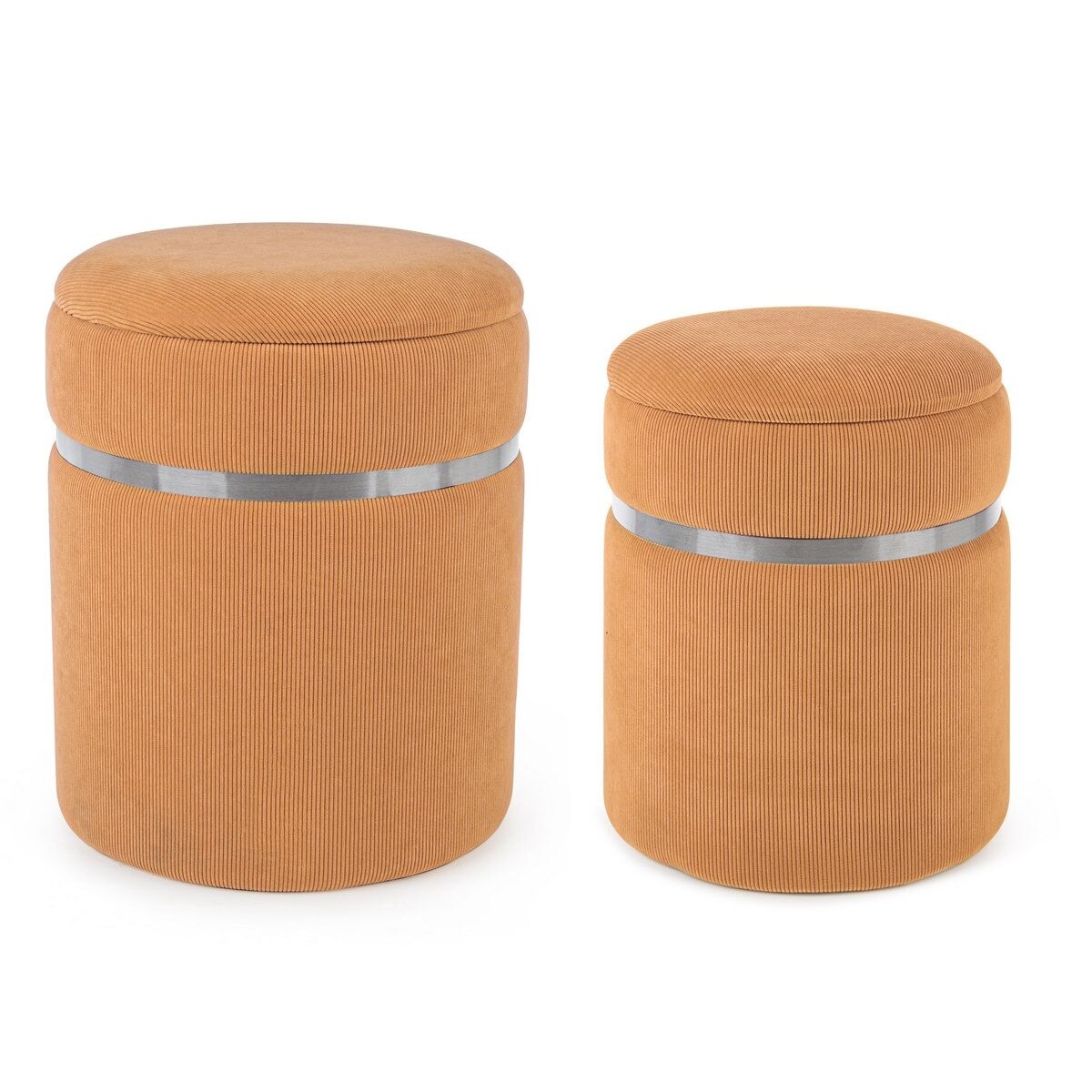 Set 2 tabureti tapiterie catifea portocalie cu spatiu depozitare Revmira Ø 31.5 cm x 38 h; Ø 36 cm x 44 h