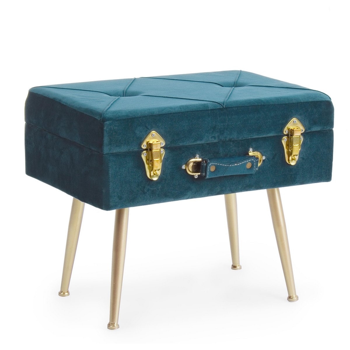 Taburet cu spatiu depozitare tapiterie velur albastru cu picioare fier auriu Polina 50 cm x 34 cm x 42 h