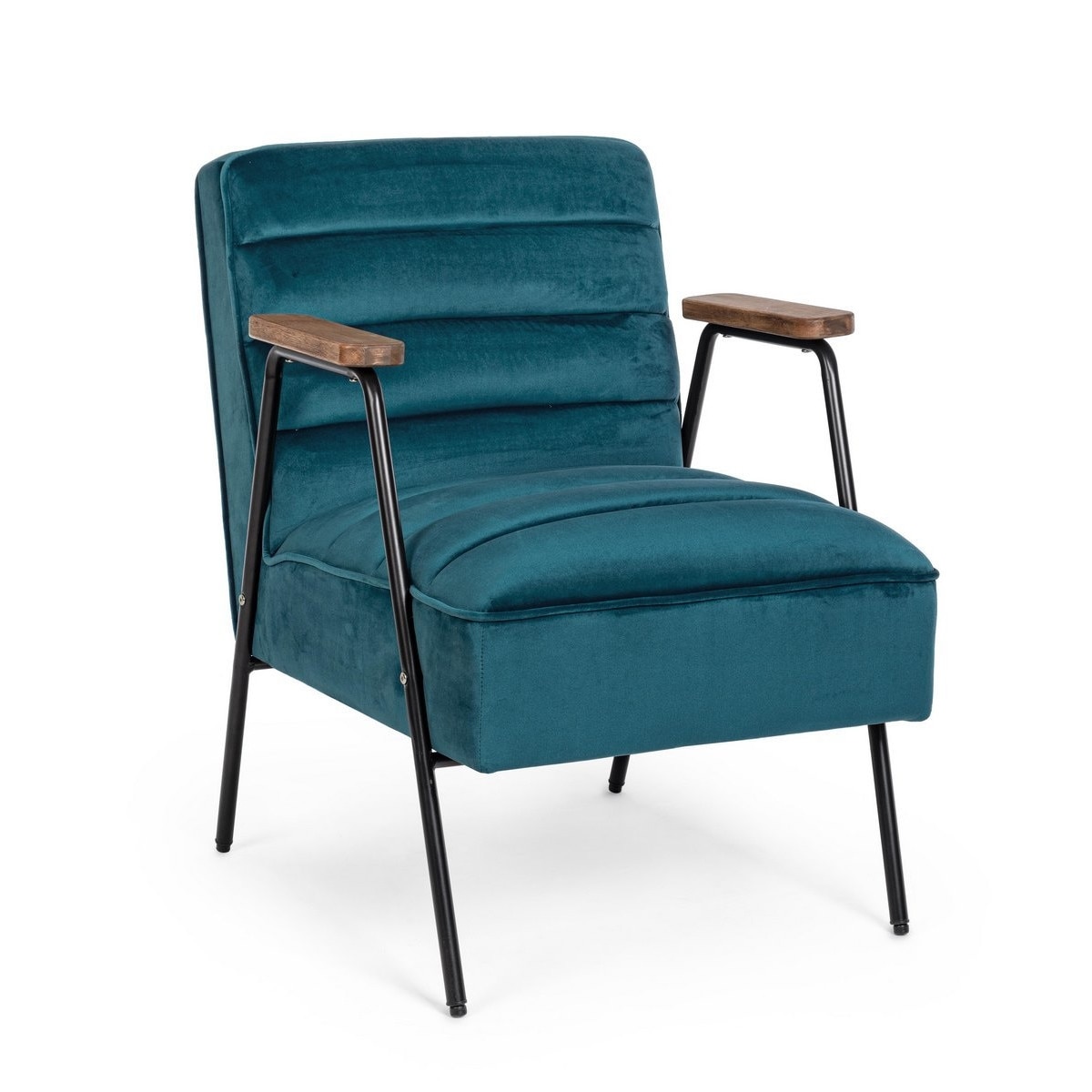 Fotoliu cu tapiterie din catifea albastra si picioare din fier negru Octav 60 cm x 70 cm x 78 h