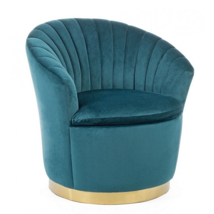 Fotoliu tapiterie catifea albastra cu baza metal aurie Gilles 77 cm x 71 cm x 77 h