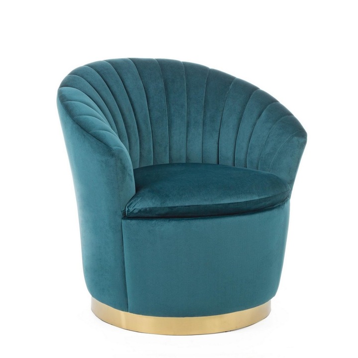 Kék bársony kárpitozású fotel arany fém talppal Gilles 77 cm x 71 cm x 77 h