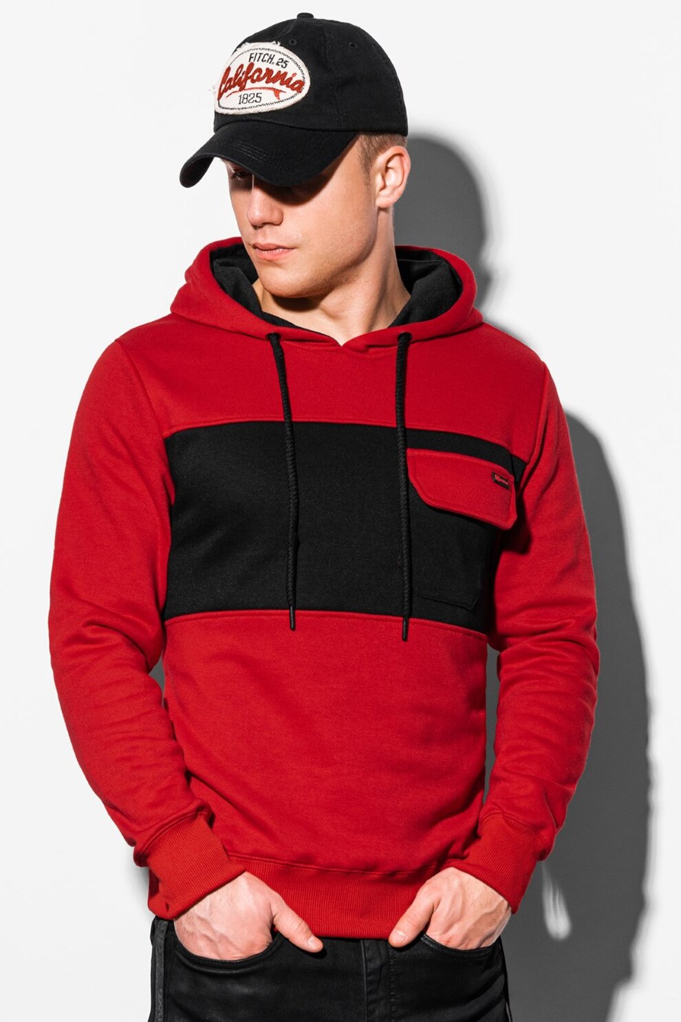 OMBRE, Hanorac cu buzunar aplicat pe piept, Rosu/Negru