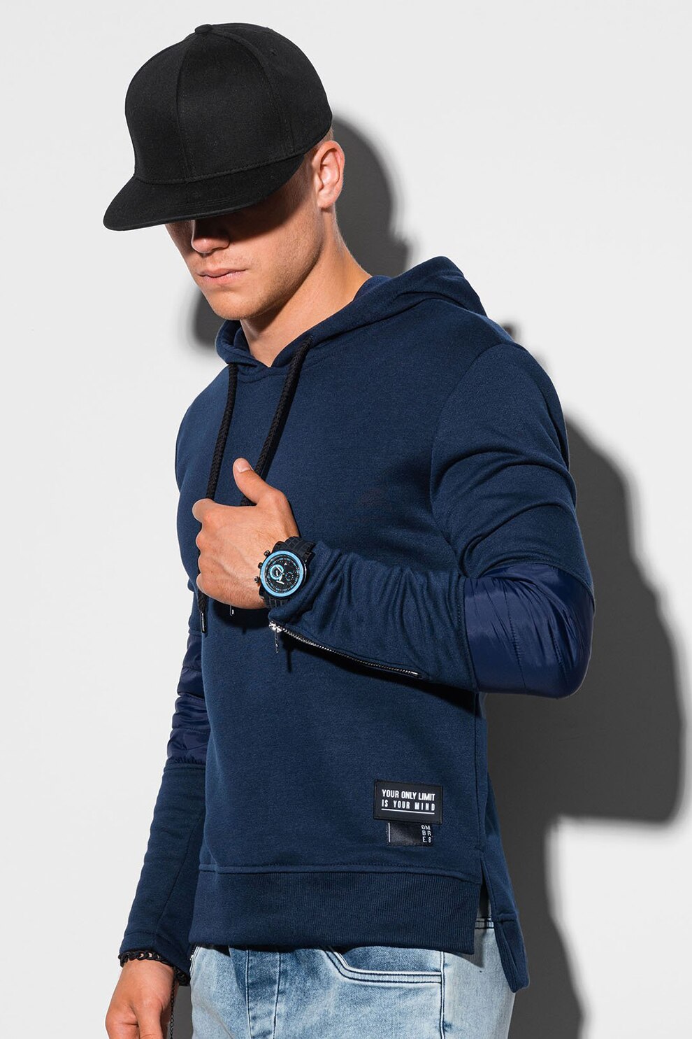 OMBRE, Hanorac din amestec de bumbac cu mansete cu fermoar, Bleumarin