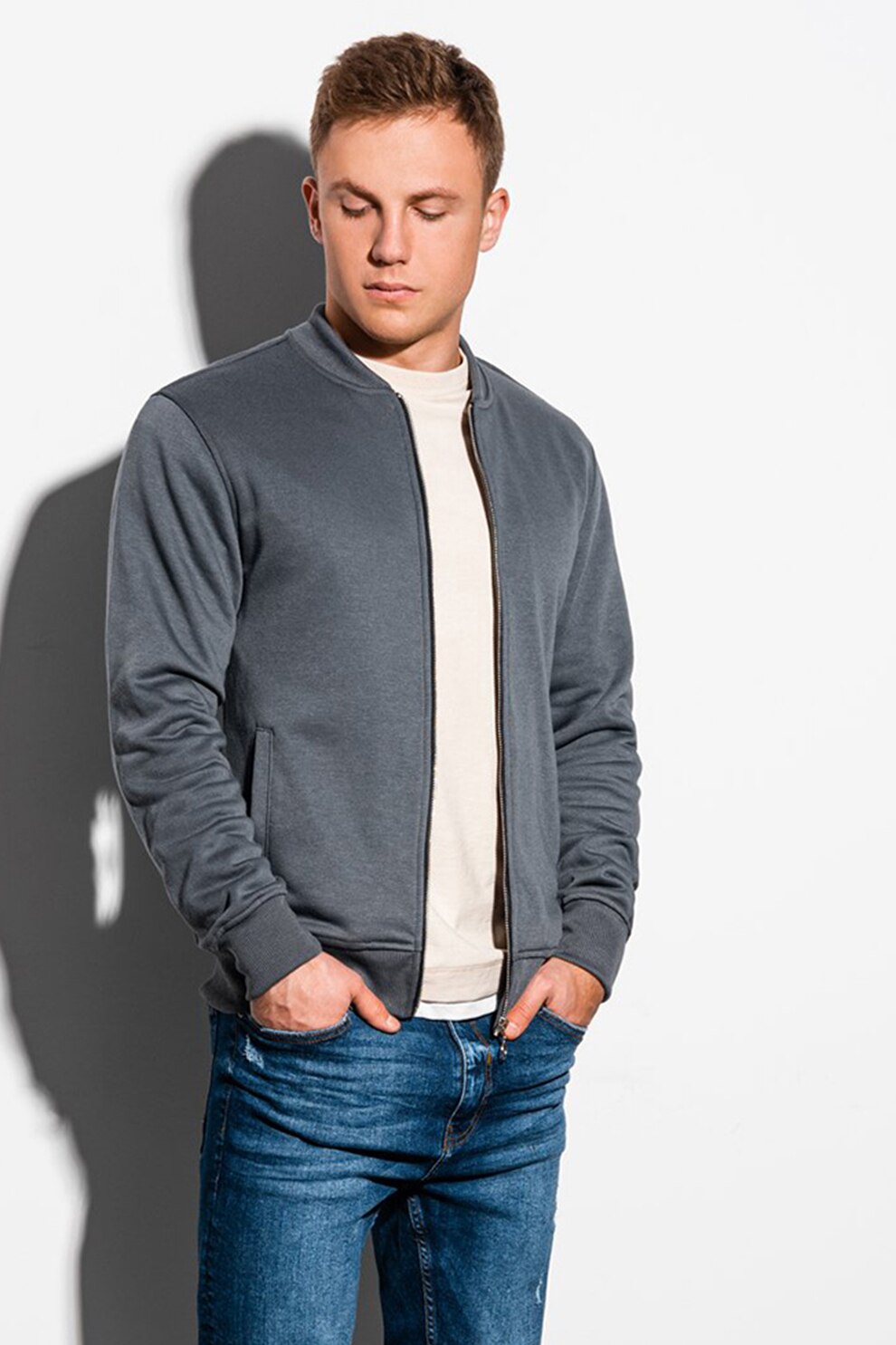 OMBRE, Bluza sport din amestec de bumbac cu fermoar, Gri inchis