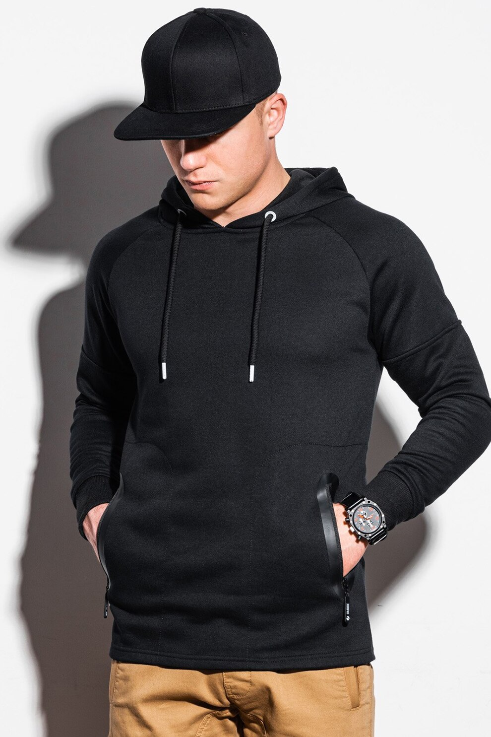 OMBRE, Hanorac cu maneci raglan si buzunare cu fermoar, Negru