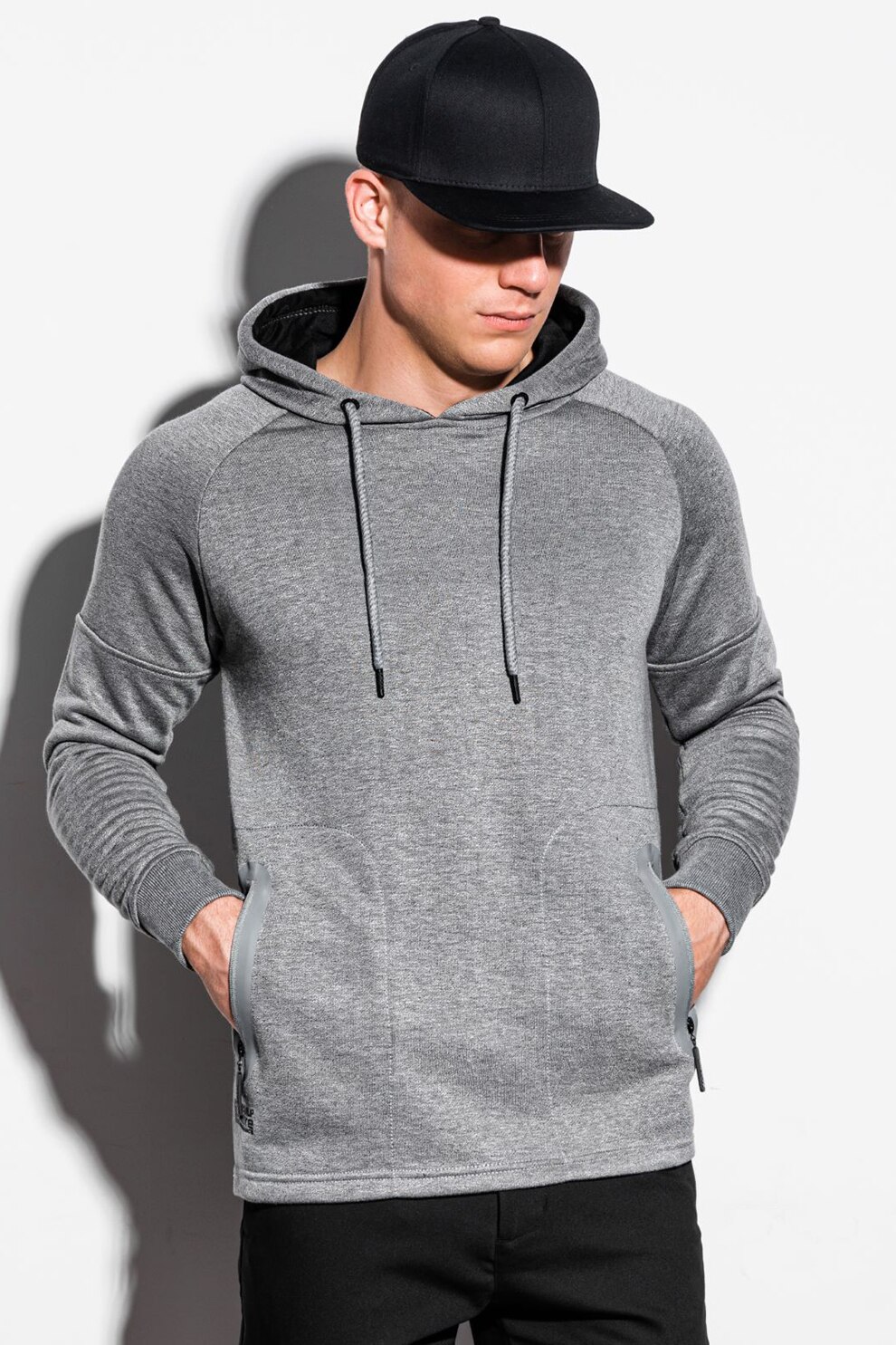 OMBRE, Hanorac cu maneci raglan si buzunare cu fermoar, Gri melange, M