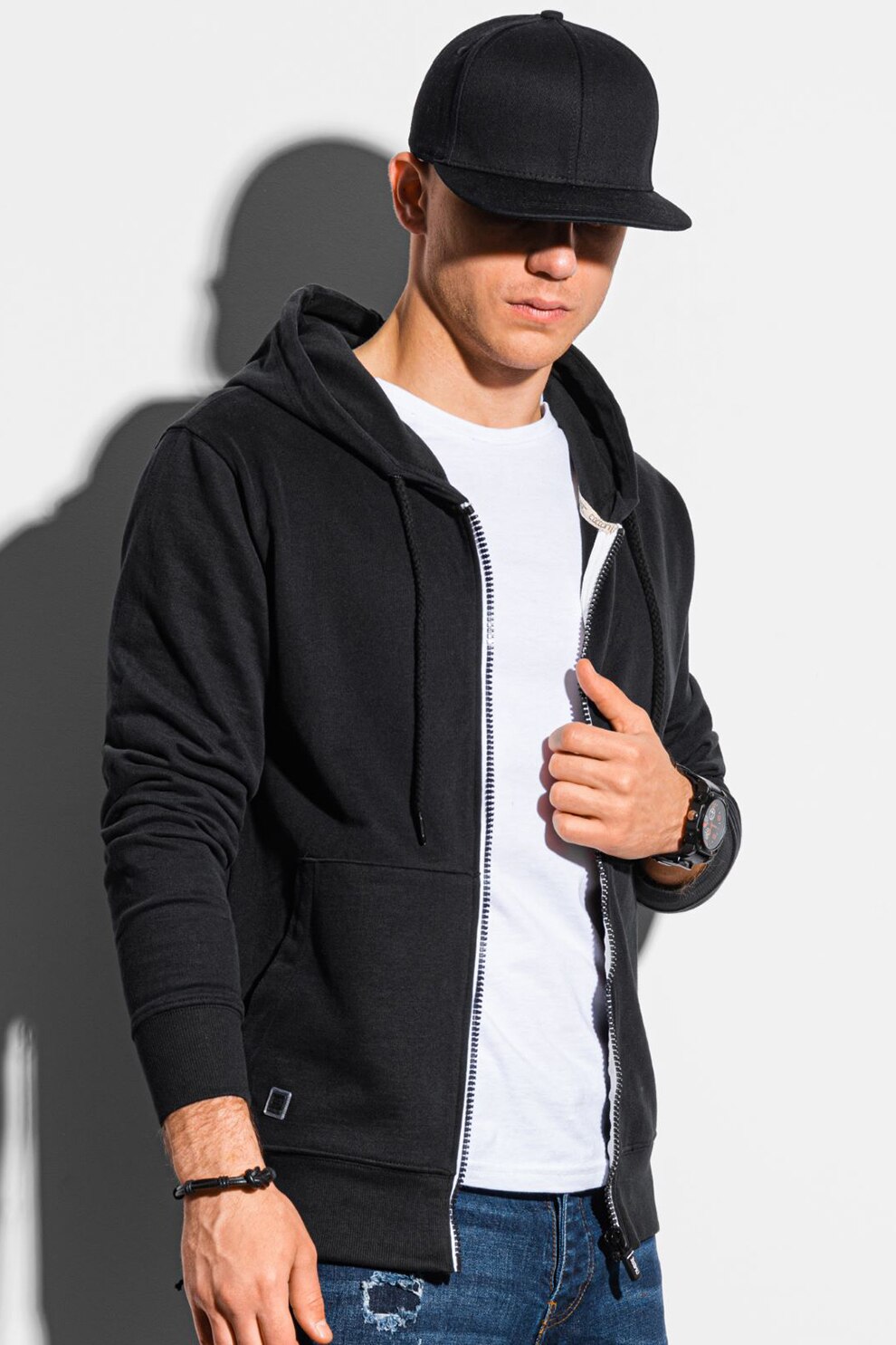 OMBRE, Hanorac de bumbac cu fermoar, Negru