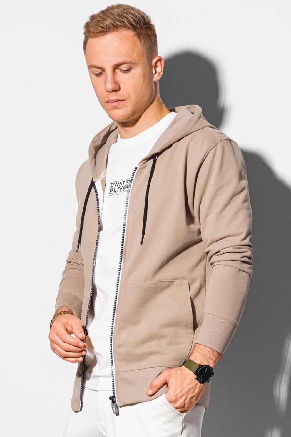 OMBRE, Hanorac de bumbac cu fermoar, Bej