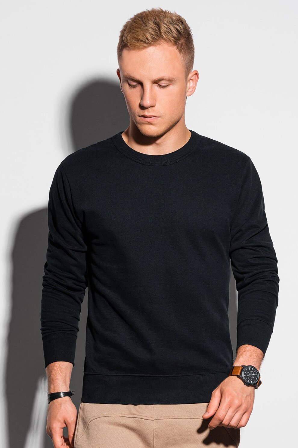 OMBRE, Bluza sport de bumbac cu decolteu la baza gatului, Negru