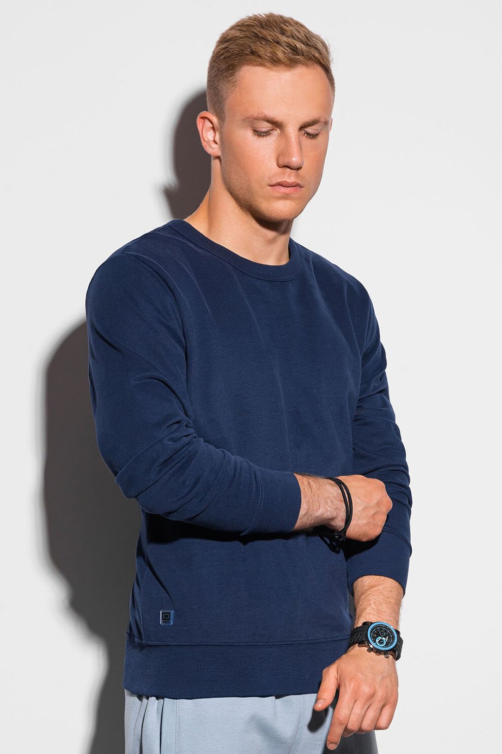 OMBRE, Bluza sport de bumbac cu decolteu la baza gatului, Bleumarin