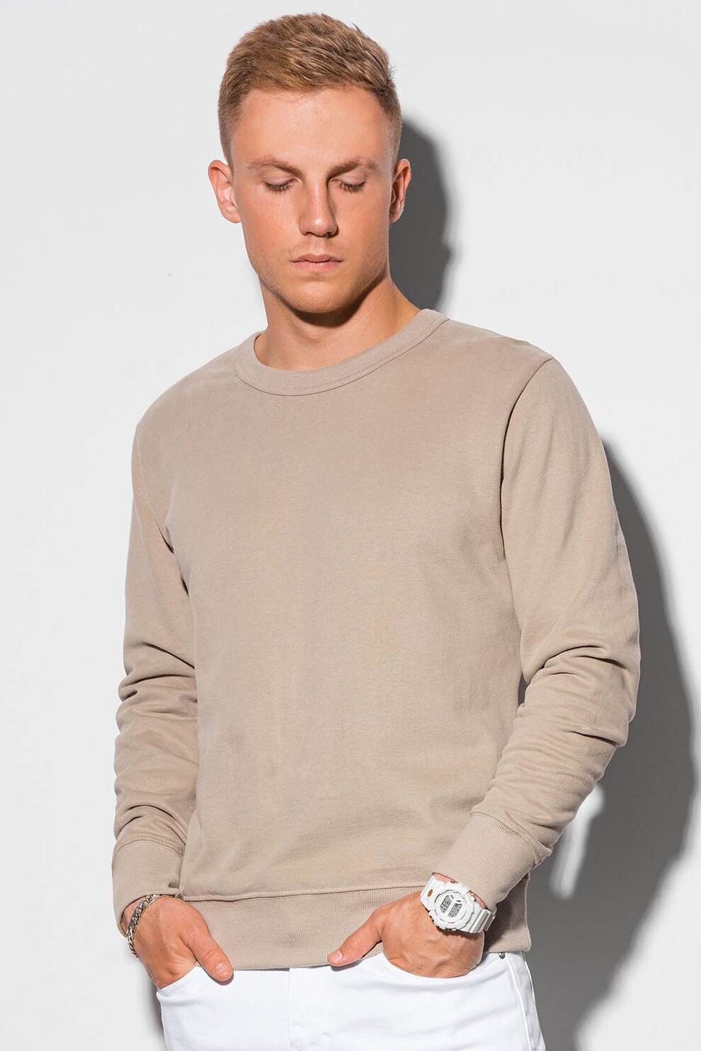 OMBRE, Bluza sport de bumbac cu decolteu la baza gatului, Bej