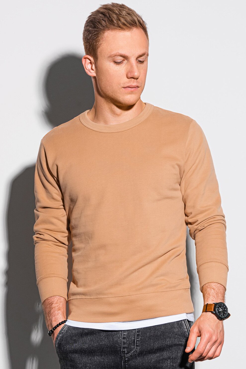 OMBRE, Bluza sport de bumbac cu decolteu la baza gatului, Maro camel