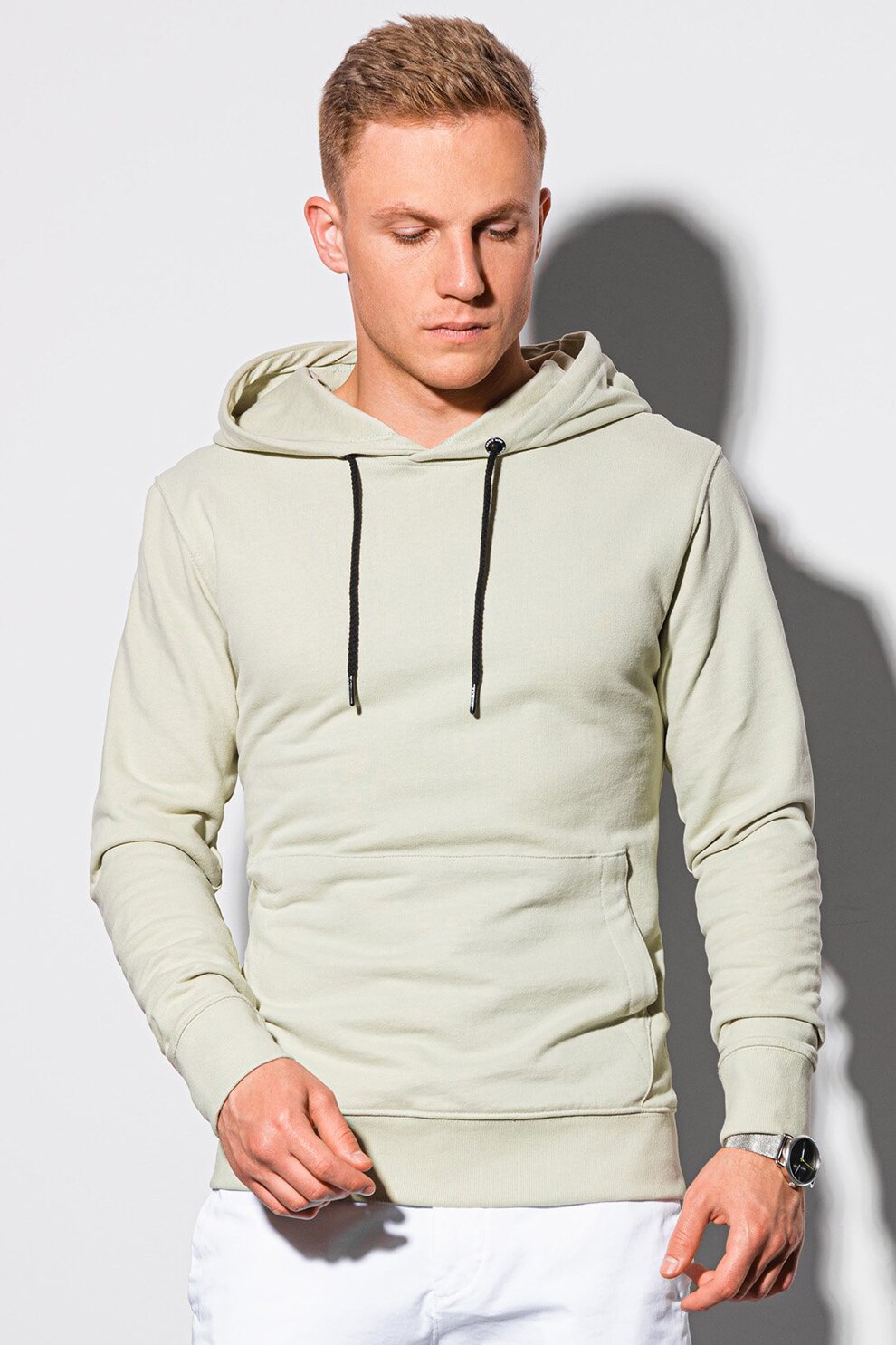 OMBRE, Hanorac de bumbac cu buzunar kangaroo, Verde pal