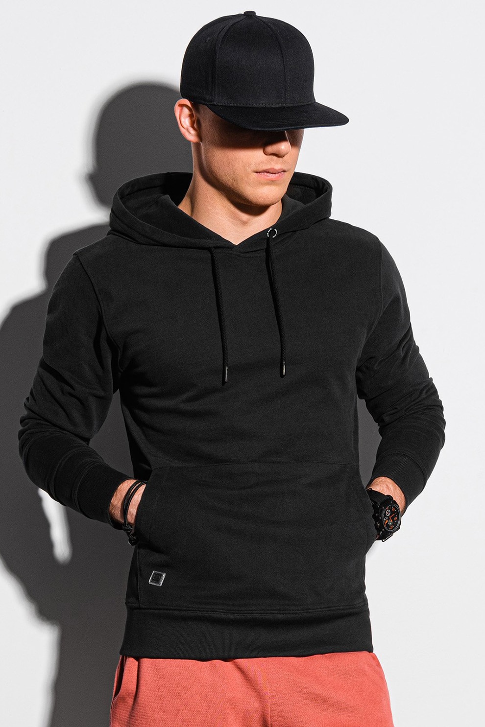 OMBRE, Hanorac de bumbac cu buzunar kangaroo, Negru