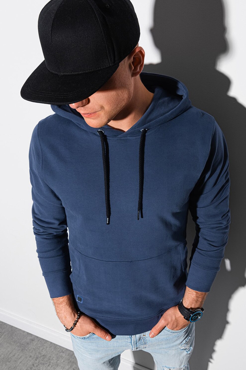 OMBRE, Hanorac de bumbac cu buzunar kangaroo, Albastru inchis