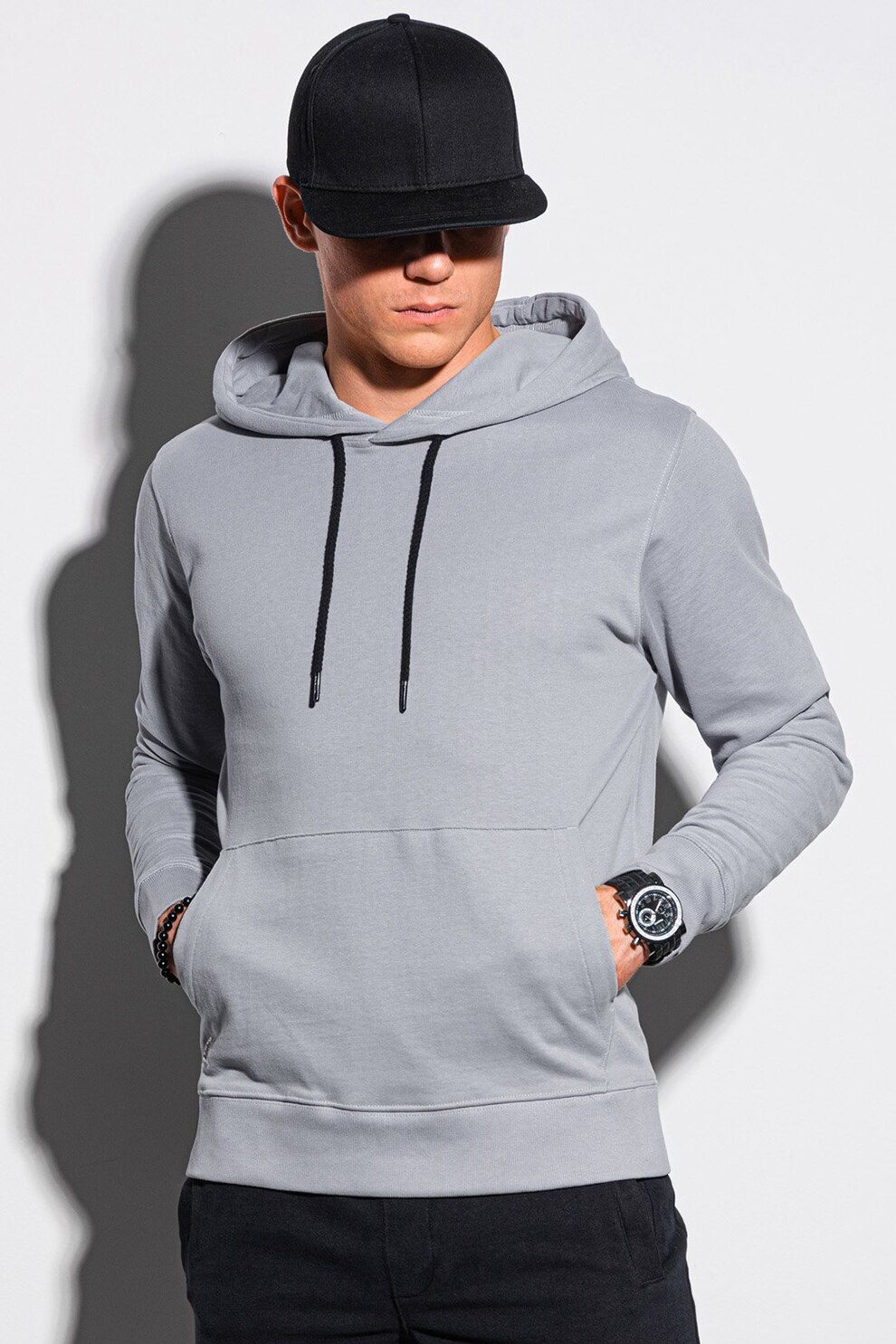 OMBRE, Hanorac de bumbac cu buzunar kangaroo, Gri