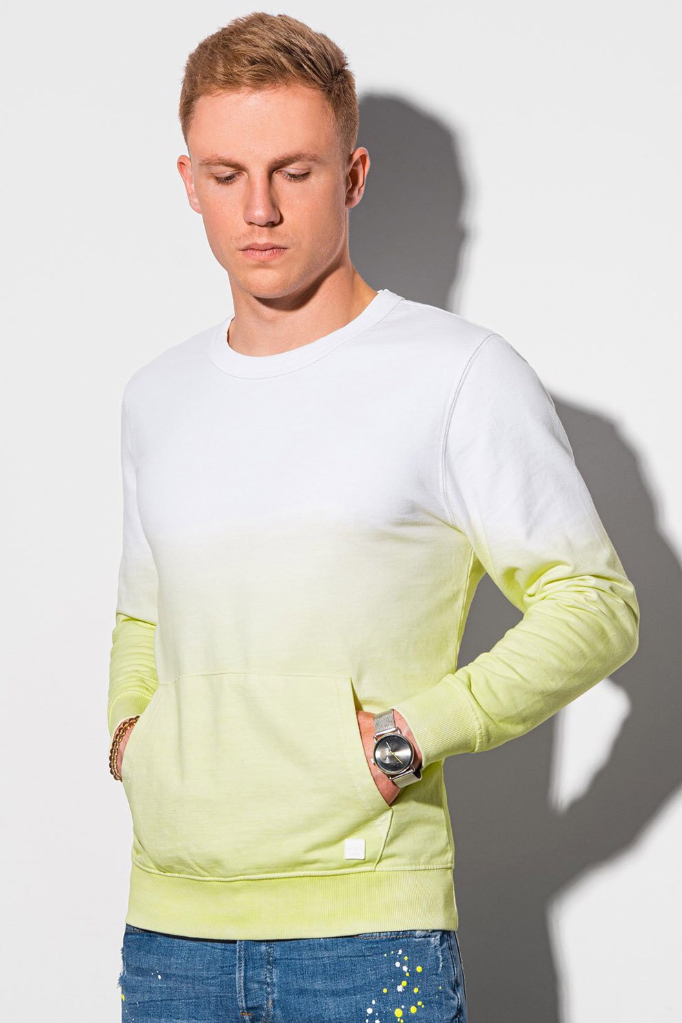 OMBRE, Bluza sport cu model in degrade si buzunar kangaroo, Galben/alb, 2XL