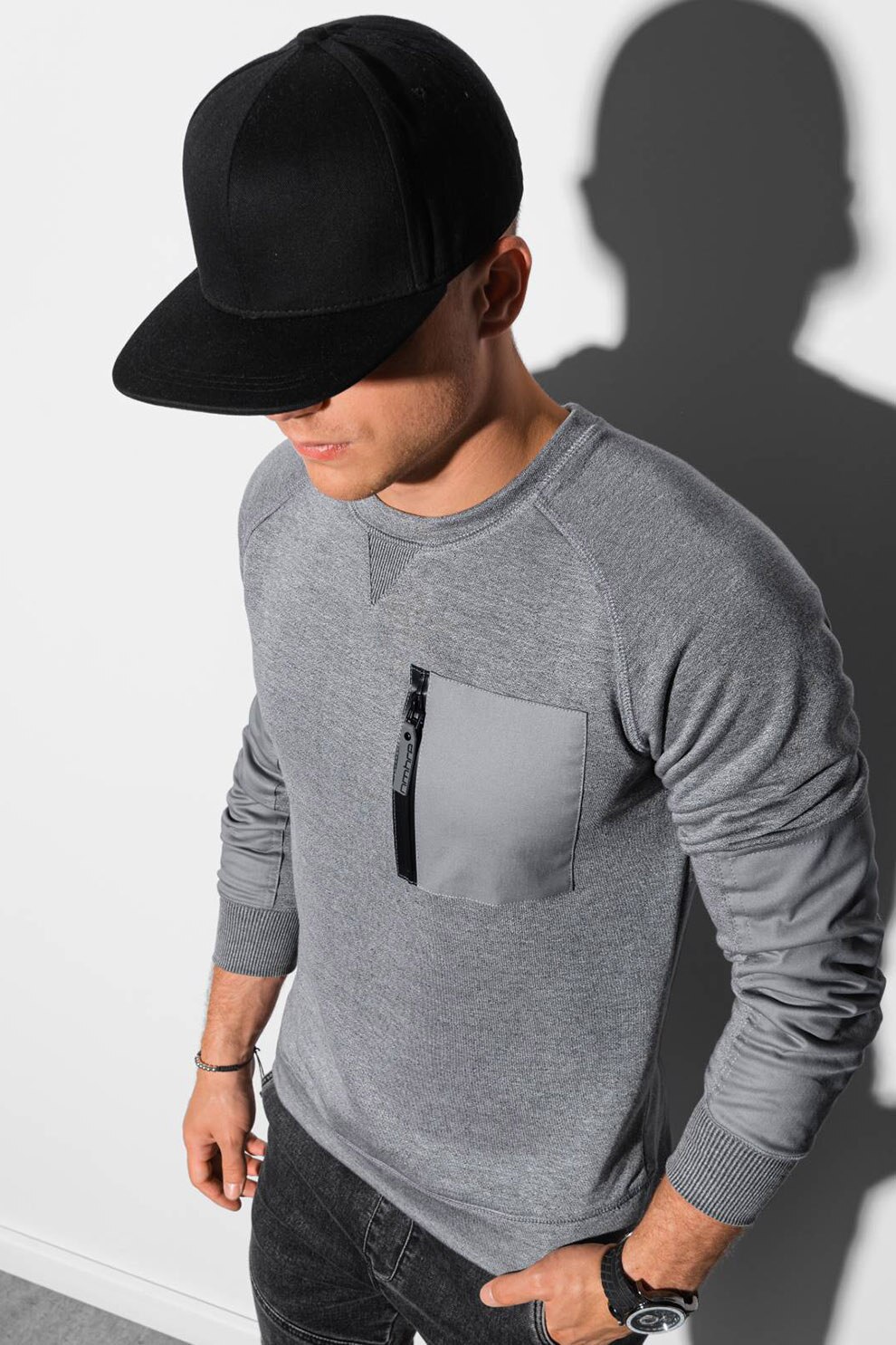 OMBRE, Bluza sport cu decolteu la baza gatului si buzunar pe piept, Gri melange, S