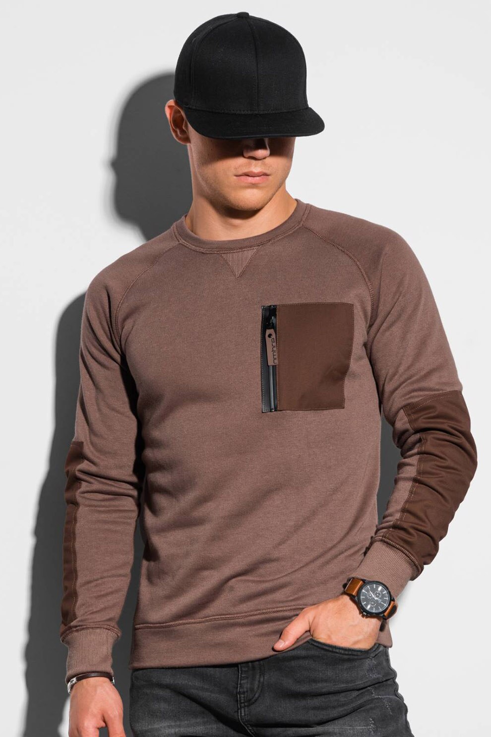 OMBRE, Bluza sport cu decolteu la baza gatului si buzunar pe piept, Maro coniac